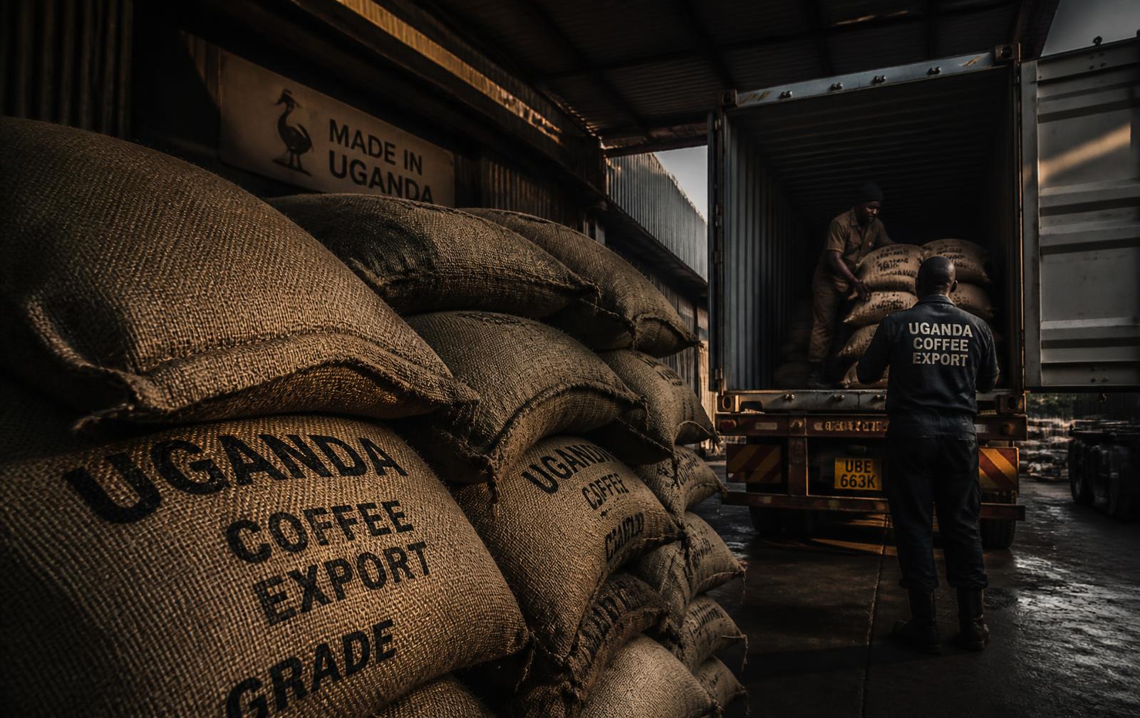 Jute bags of Ugandan export coffee being loaded into a shipping container in Kampala