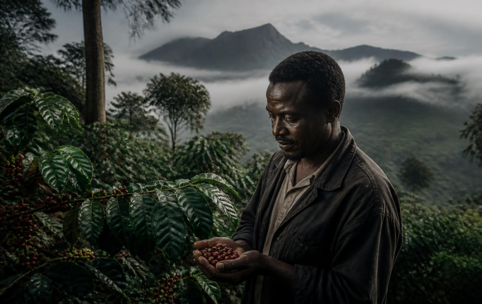 Ugandan coffee farmer holding freshly picked red coffee cherries on Mount Elgon